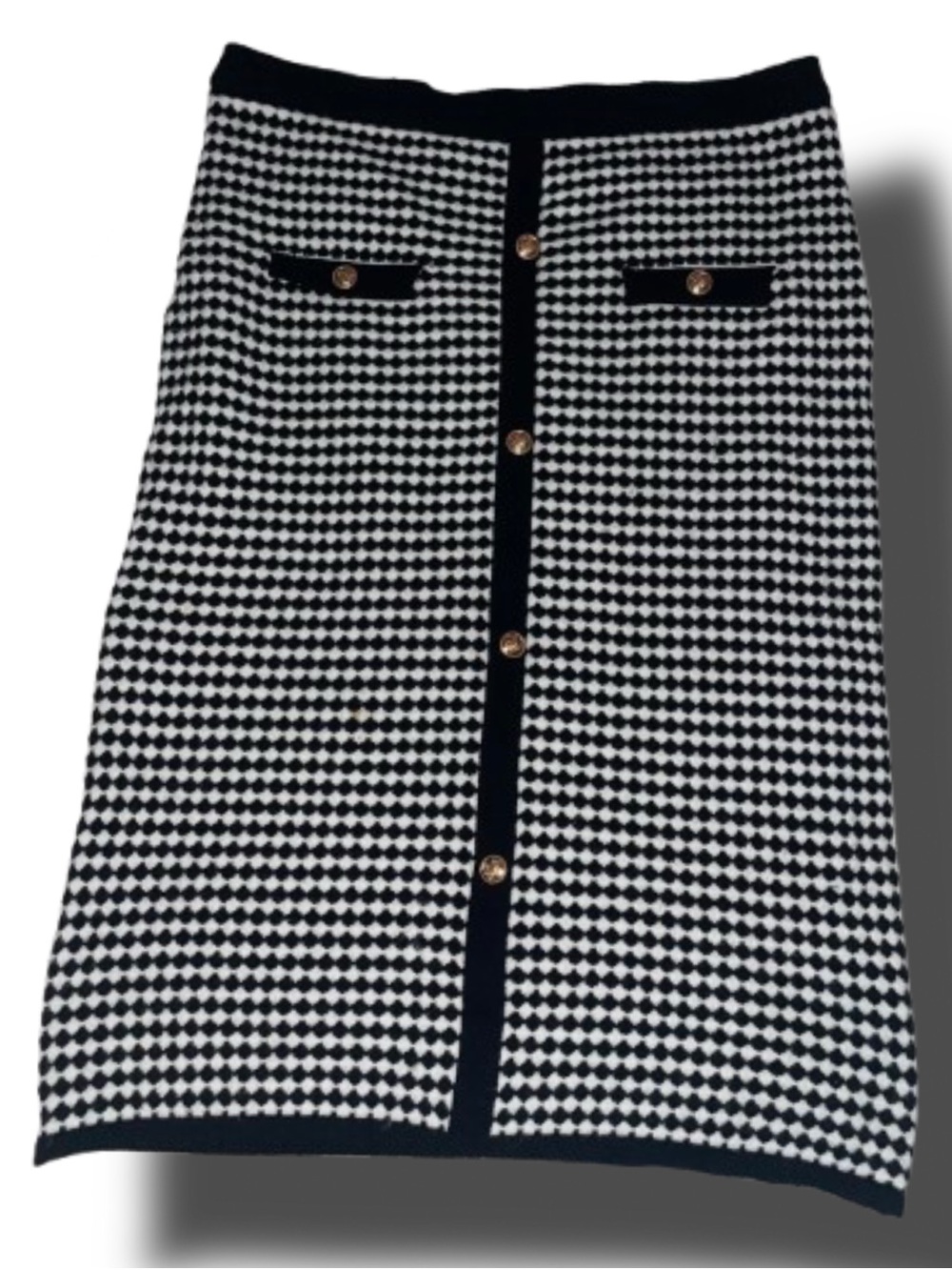 Black and White Houndstooth Pencil Skirt with Gold Buttons